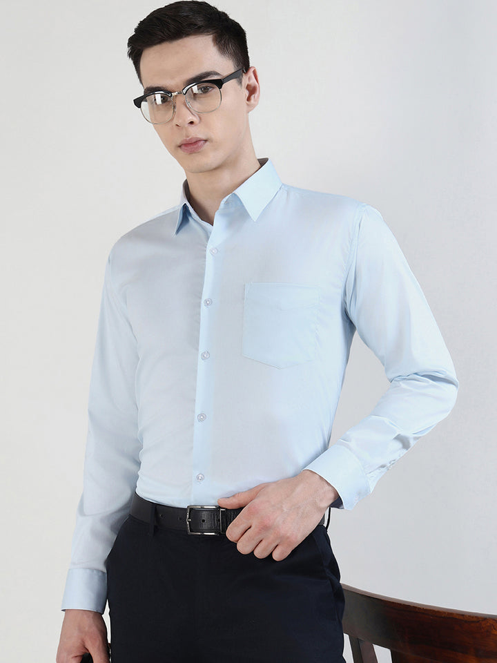 Hancock   Men   Sky Blue   Solids   Cotton Blend   Slim Fit   Formal   Shirt