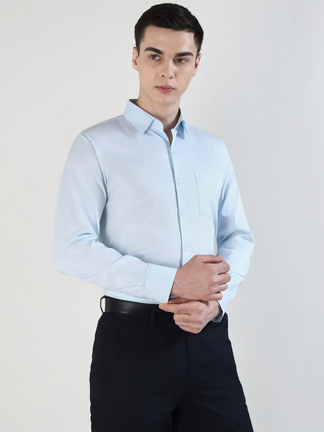 Hancock   Men   Sky Blue   Solids   Cotton Blend   Slim Fit   Formal   Shirt