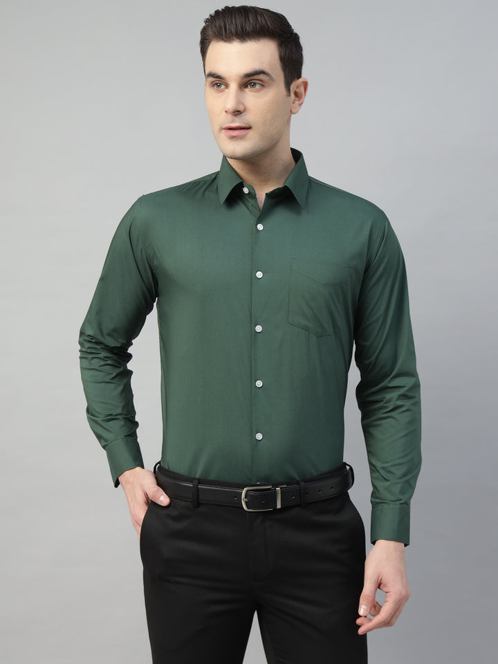 Hancock Men Bottle green Solid Cotton Elastene Slim Fit Formal Shirt