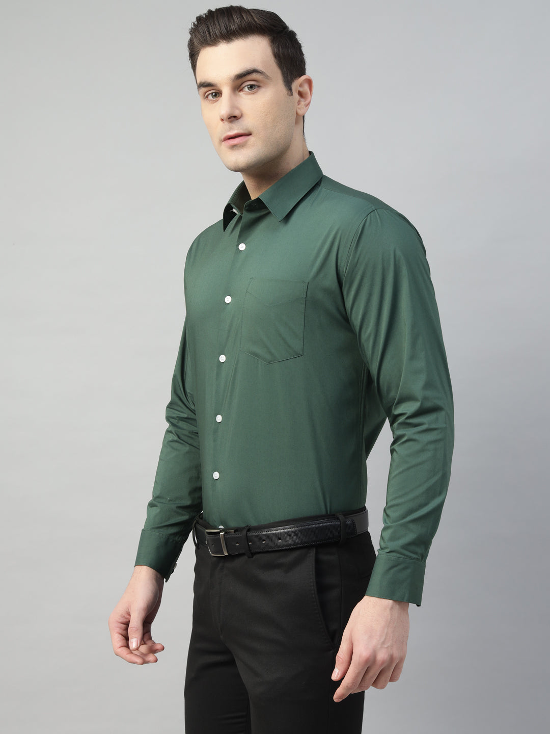 Hancock Men Bottle green Solid Cotton Elastene Slim Fit Formal Shirt