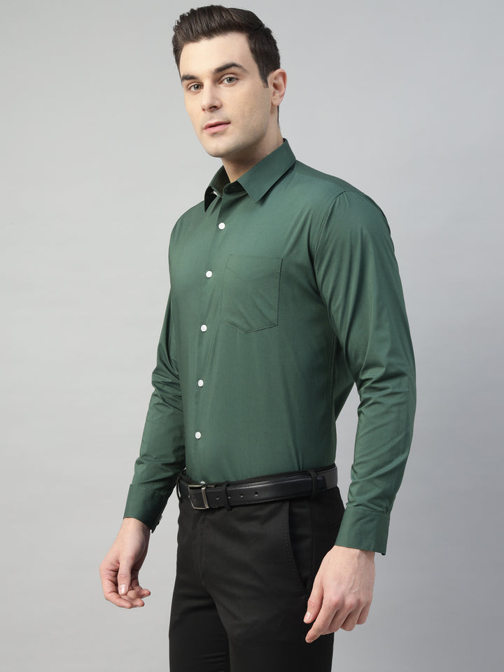 Hancock Men Bottle green Solid Cotton Elastene Slim Fit Formal Shirt