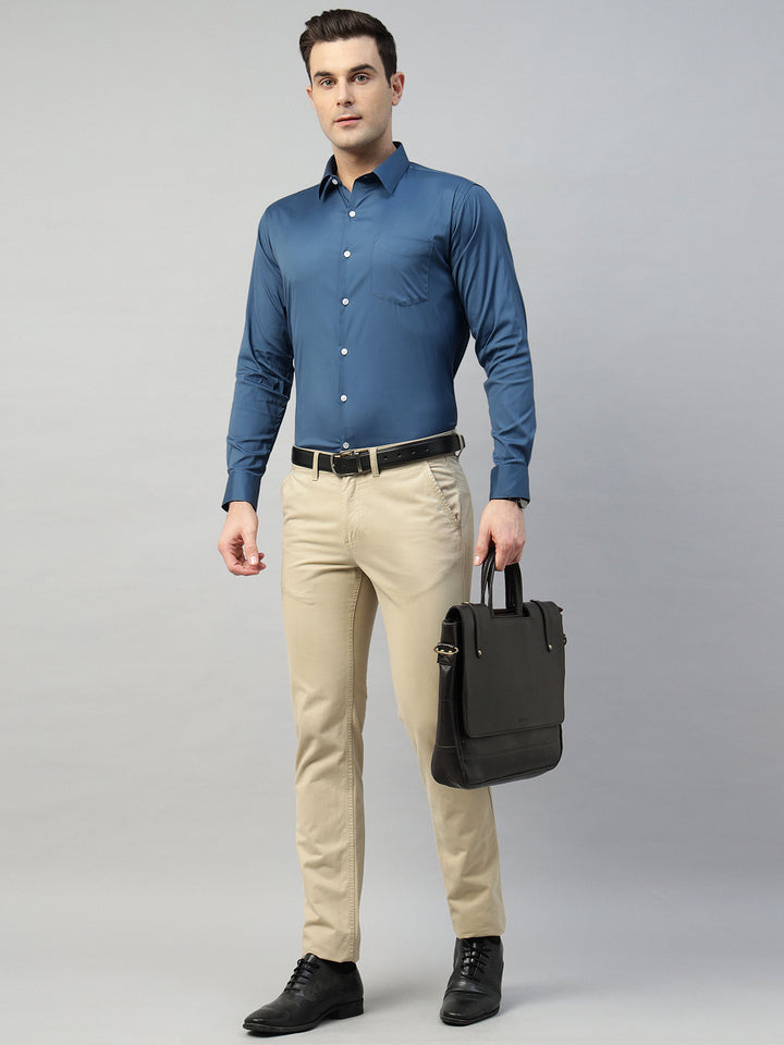Hancock Men Blue Solid Cotton Elastene Slim Fit Formal Shirt