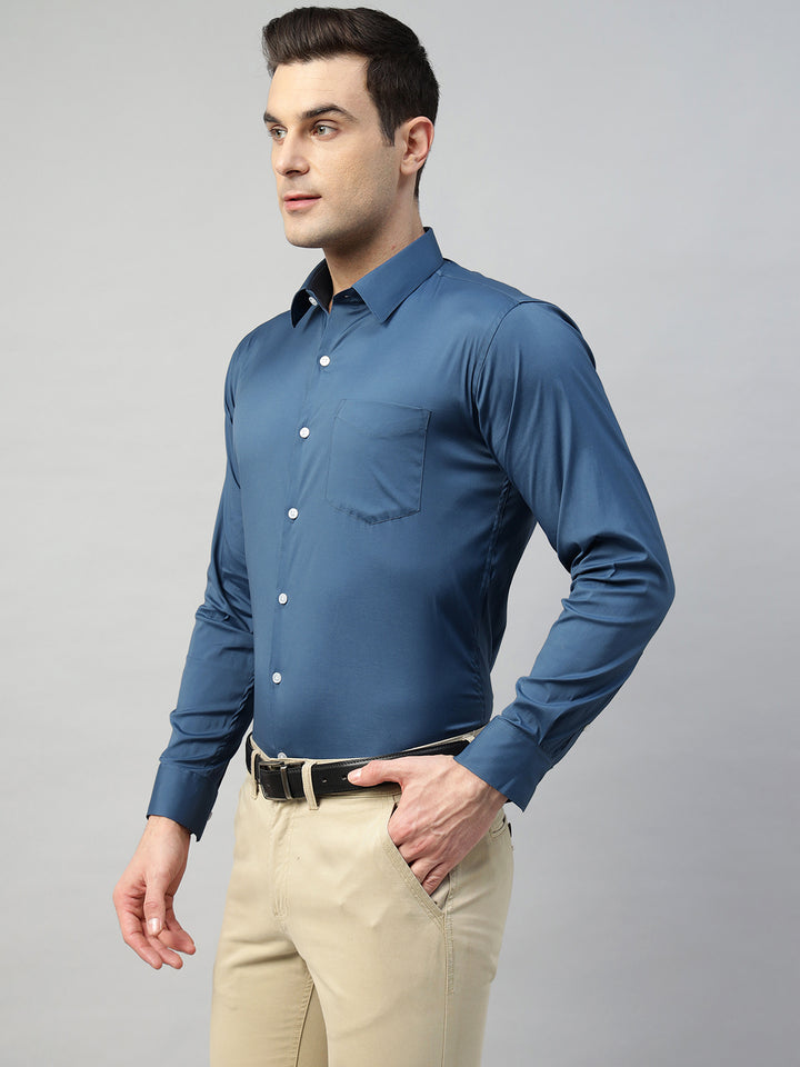 Hancock Men Blue Solid Cotton Elastene Slim Fit Formal Shirt