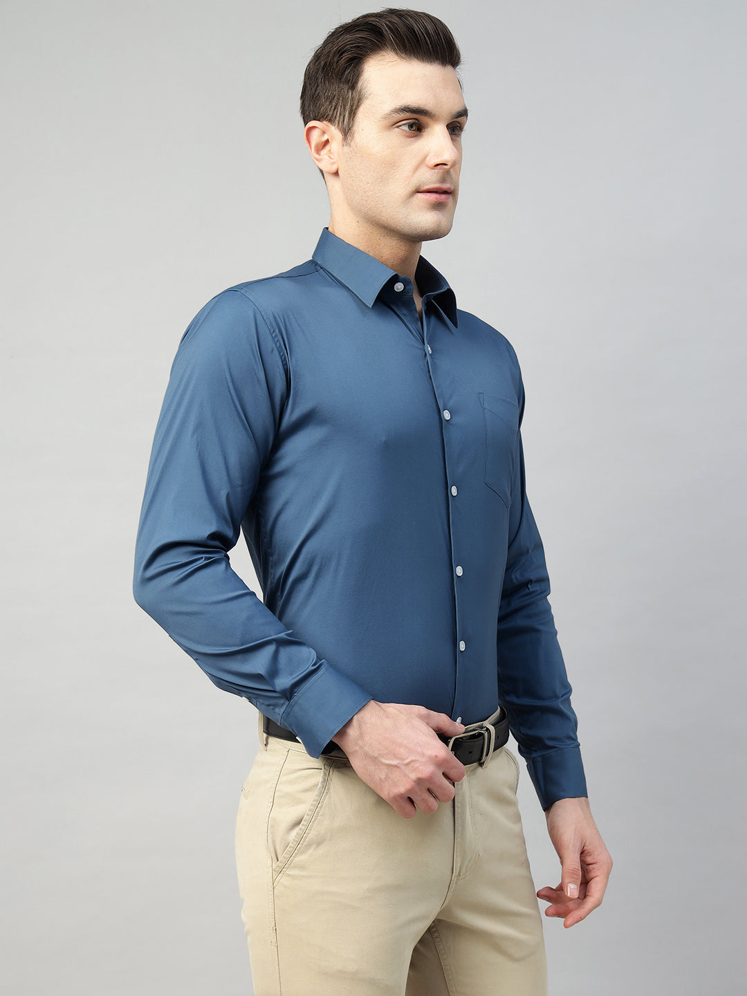 Hancock Men Blue Solid Cotton Elastene Slim Fit Formal Shirt