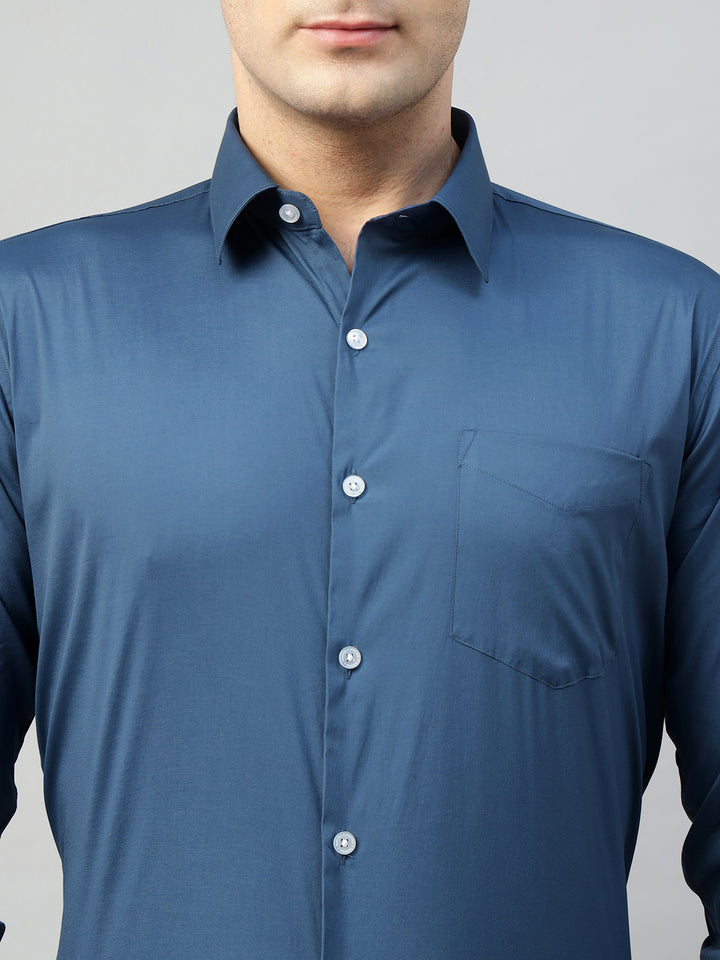 Hancock Men Blue Solid Cotton Elastene Slim Fit Formal Shirt