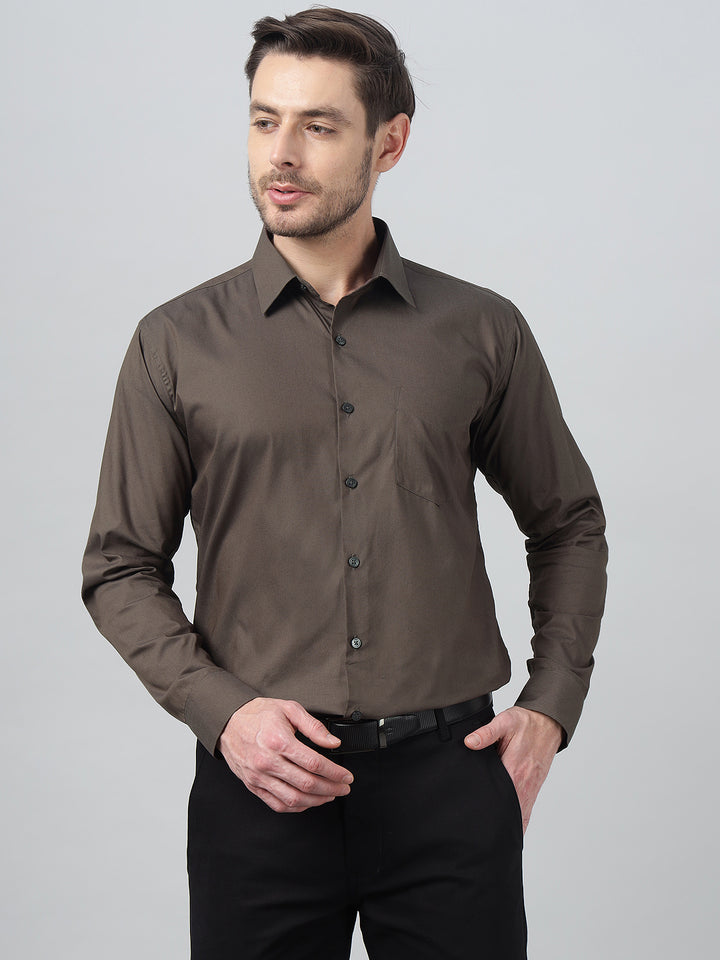 Hancock Men Coffee Solid Spread Collar Slim Fit Formal Shirt