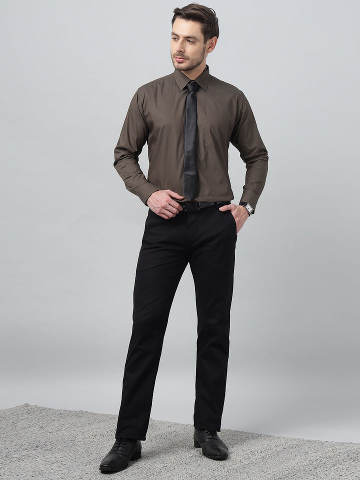 Hancock Men Coffee Solid Spread Collar Slim Fit Formal Shirt