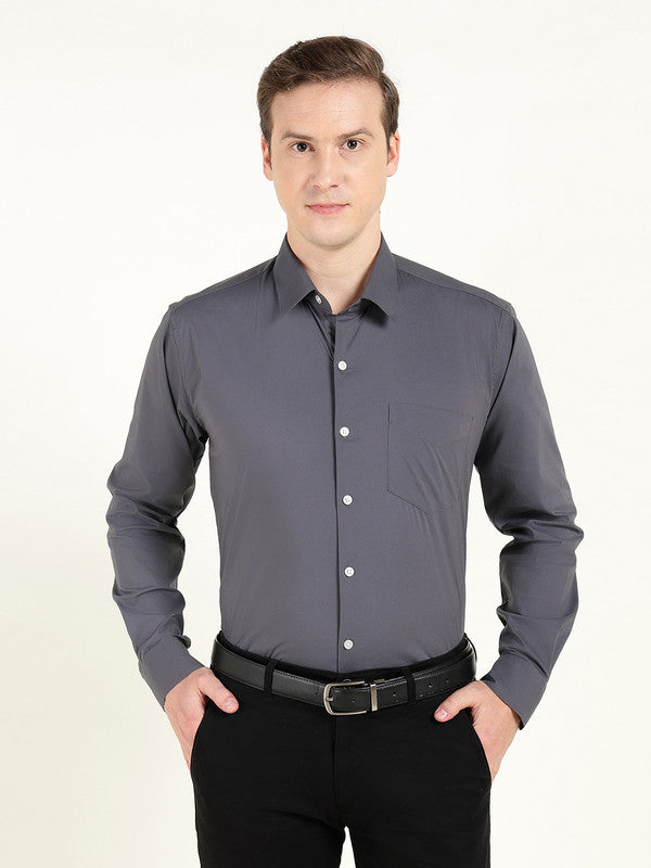 Hancock Men Grey Solid Wrinkle Ressistant Slim Fit Cotton Stretch Formal Shirt