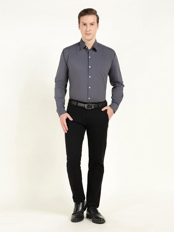 Hancock Men Grey Solid Wrinkle Ressistant Slim Fit Cotton Stretch Formal Shirt