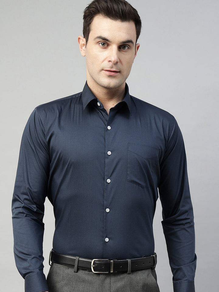 Hancock Men Blue Solid Cotton Elastene Slim Fit Formal Shirt