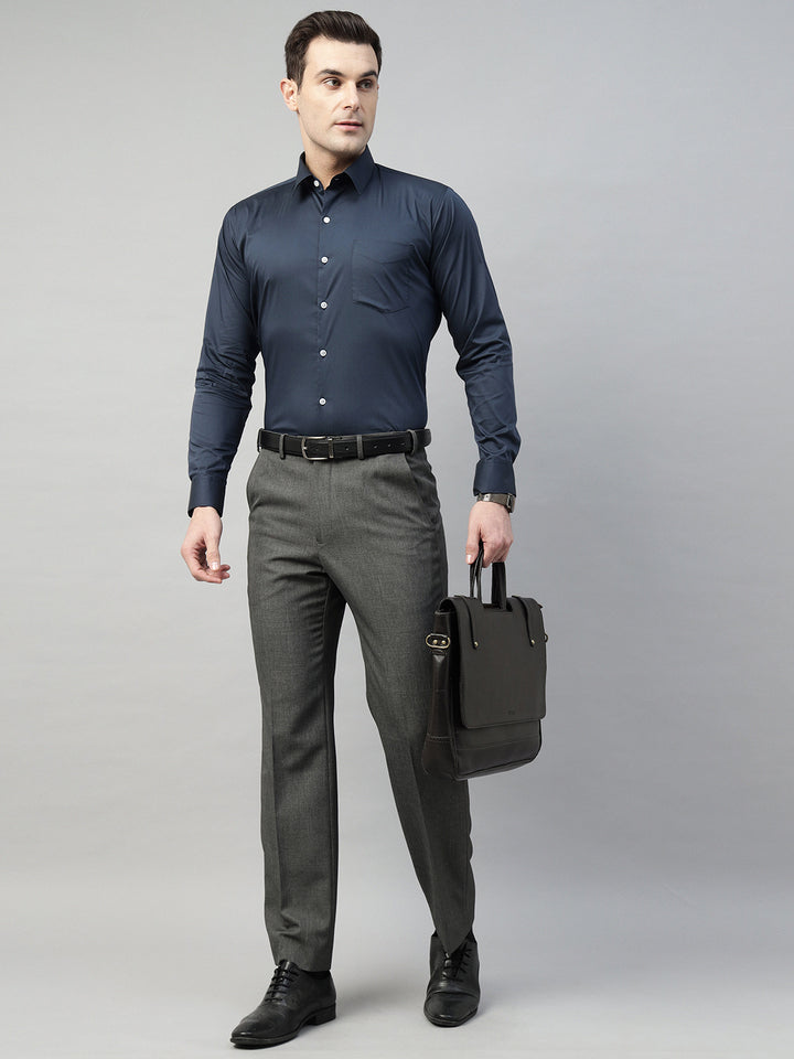 Hancock Men Blue Solid Cotton Elastene Slim Fit Formal Shirt