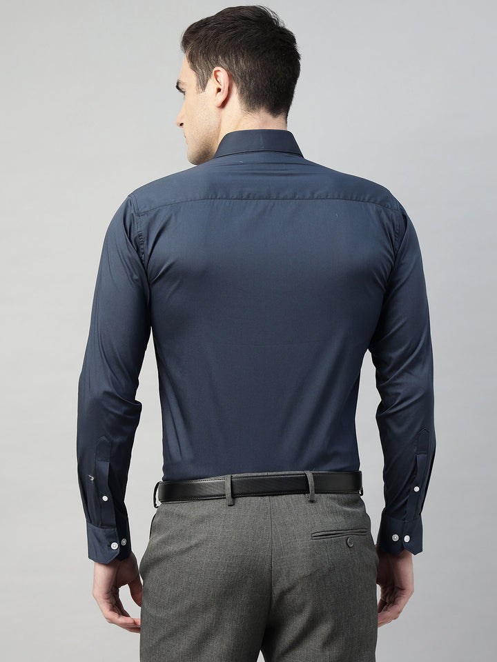 Hancock Men Blue Solid Cotton Elastene Slim Fit Formal Shirt