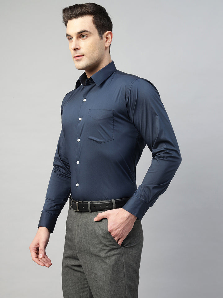 Hancock Men Blue Solid Cotton Elastene Slim Fit Formal Shirt