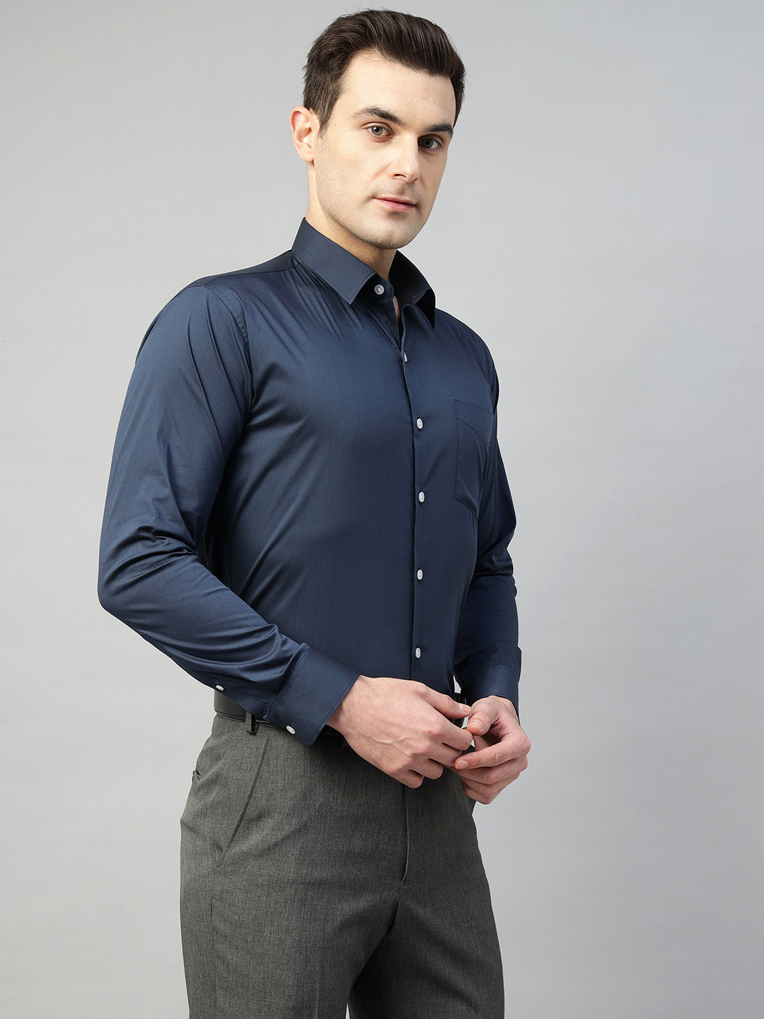 Hancock Men Blue Solid Cotton Elastene Slim Fit Formal Shirt