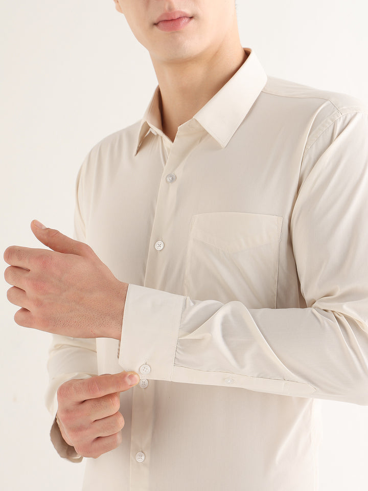 Hancock   Men   Ivory   Solids   Cotton Blend   Slim Fit   Formal   Shirt
