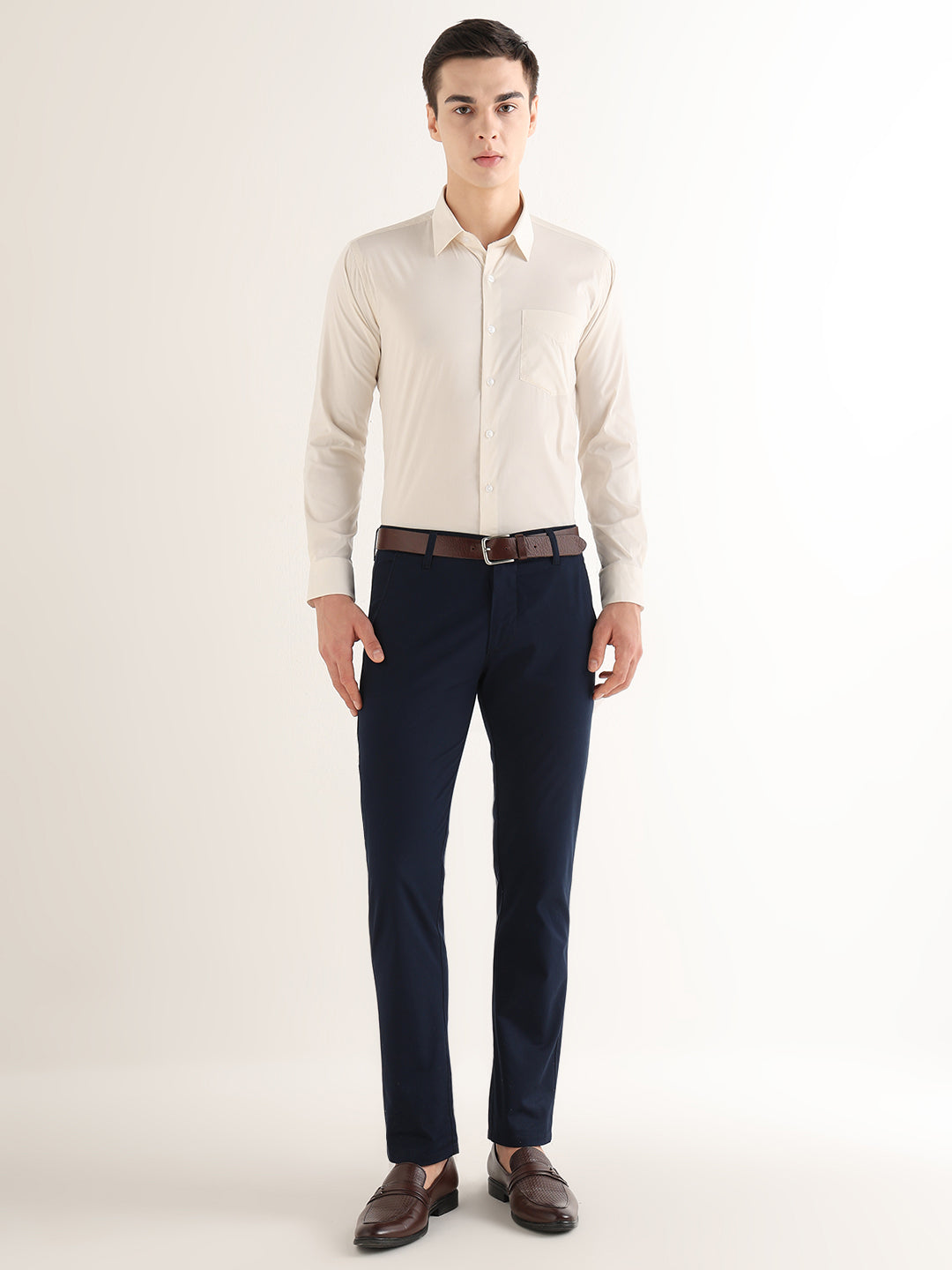 Hancock   Men   Ivory   Solids   Cotton Blend   Slim Fit   Formal   Shirt