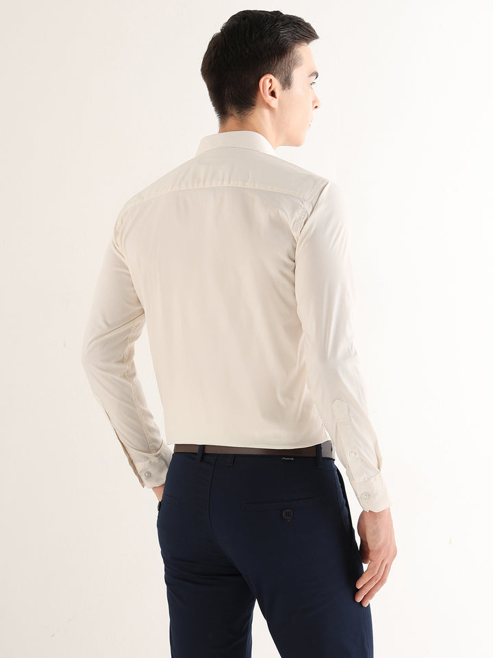 Hancock   Men   Ivory   Solids   Cotton Blend   Slim Fit   Formal   Shirt