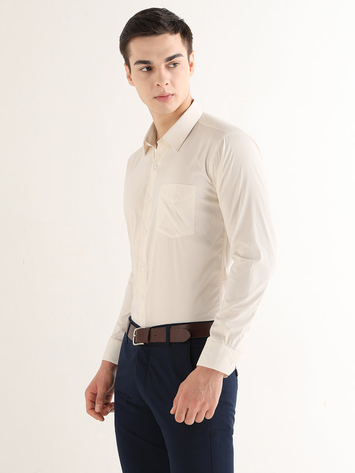 Hancock   Men   Ivory   Solids   Cotton Blend   Slim Fit   Formal   Shirt