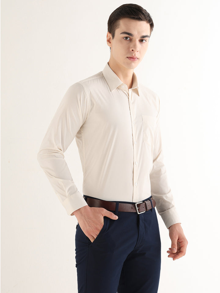 Hancock   Men   Ivory   Solids   Cotton Blend   Slim Fit   Formal   Shirt