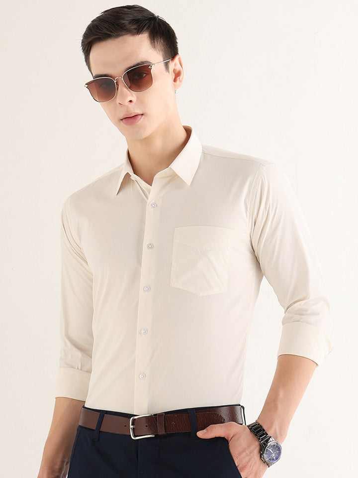 Hancock   Men   Ivory   Solids   Cotton Blend   Slim Fit   Formal   Shirt