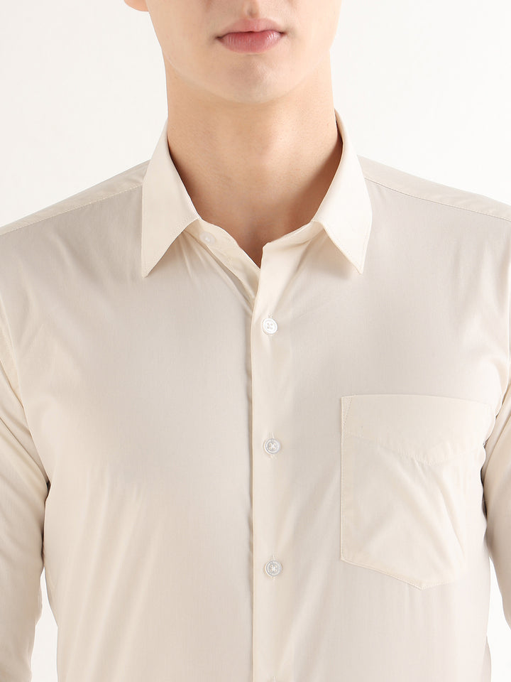 Hancock   Men   Ivory   Solids   Cotton Blend   Slim Fit   Formal   Shirt