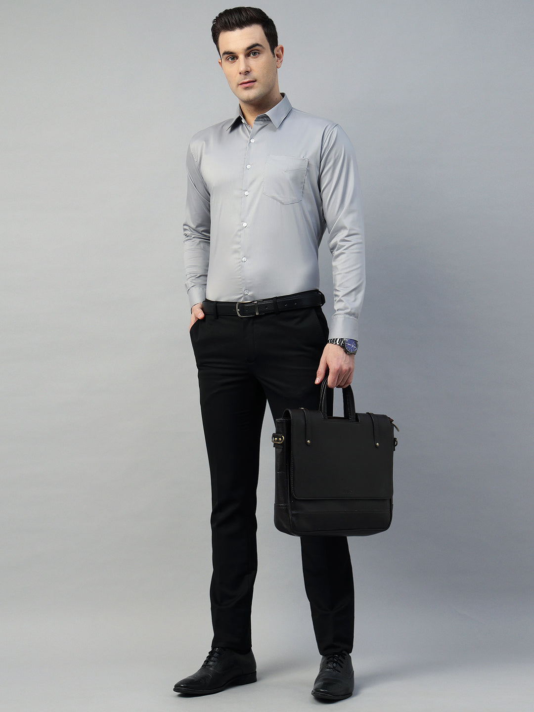 Hancock Men Light Grey Solid Cotton Elastene Slim Fit Formal Shirt