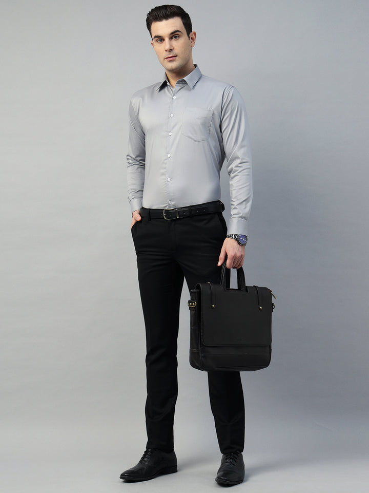 Hancock Men Light Grey Solid Cotton Elastene Slim Fit Formal Shirt