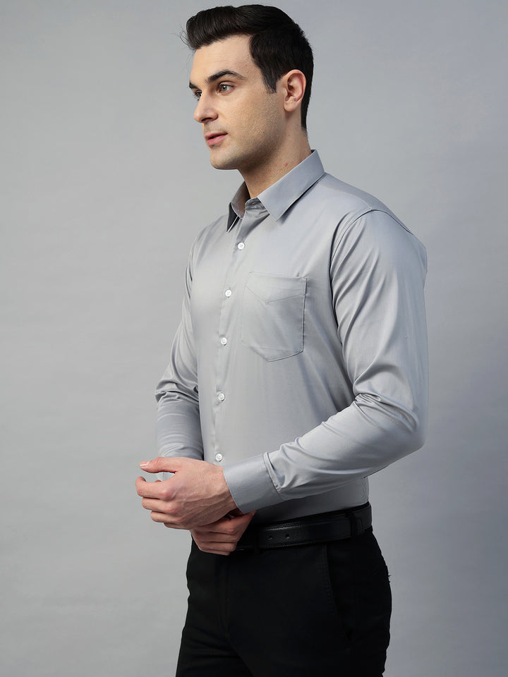 Hancock Men Light Grey Solid Cotton Elastene Slim Fit Formal Shirt