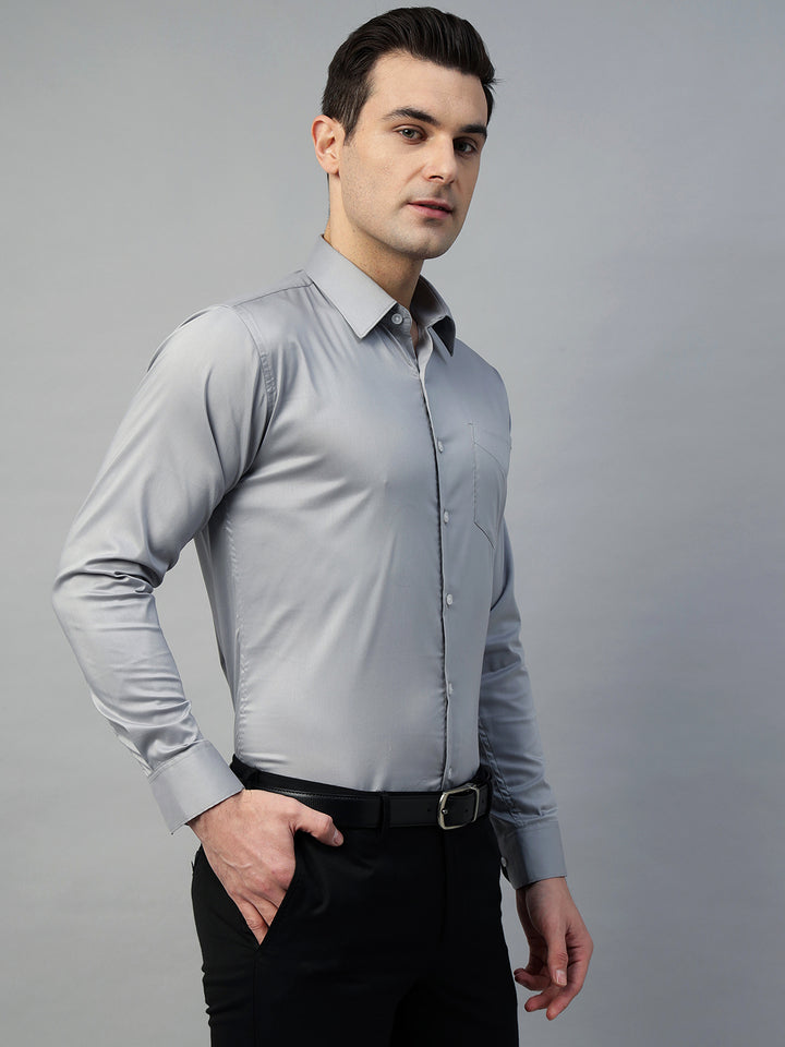 Hancock Men Light Grey Solid Cotton Elastene Slim Fit Formal Shirt