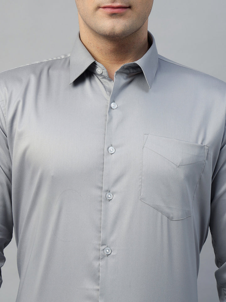 Hancock Men Light Grey Solid Cotton Elastene Slim Fit Formal Shirt