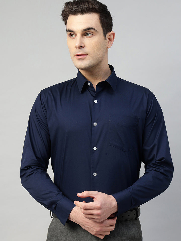 Hancock Men Navy Blue Solid Cotton Elastene Slim Fit Formal Shirt