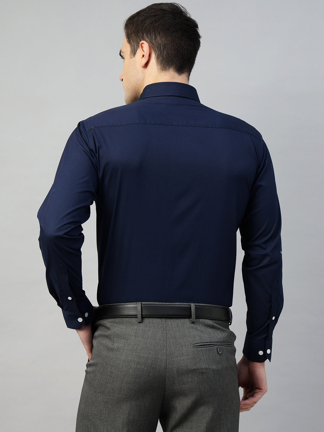Hancock Men Navy Blue Solid Cotton Elastene Slim Fit Formal Shirt