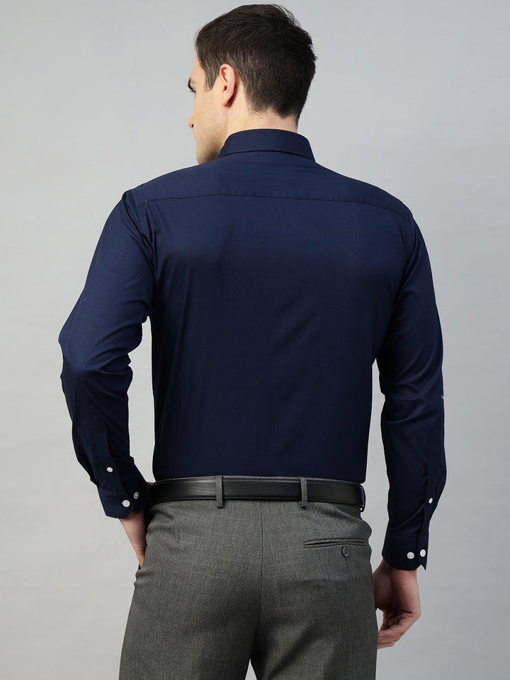 Hancock Men Navy Blue Solid Cotton Elastene Slim Fit Formal Shirt