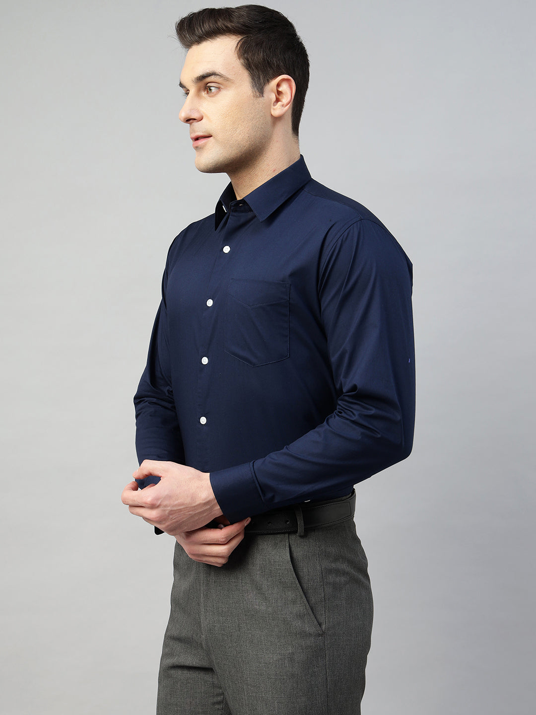 Hancock Men Navy Blue Solid Cotton Elastene Slim Fit Formal Shirt
