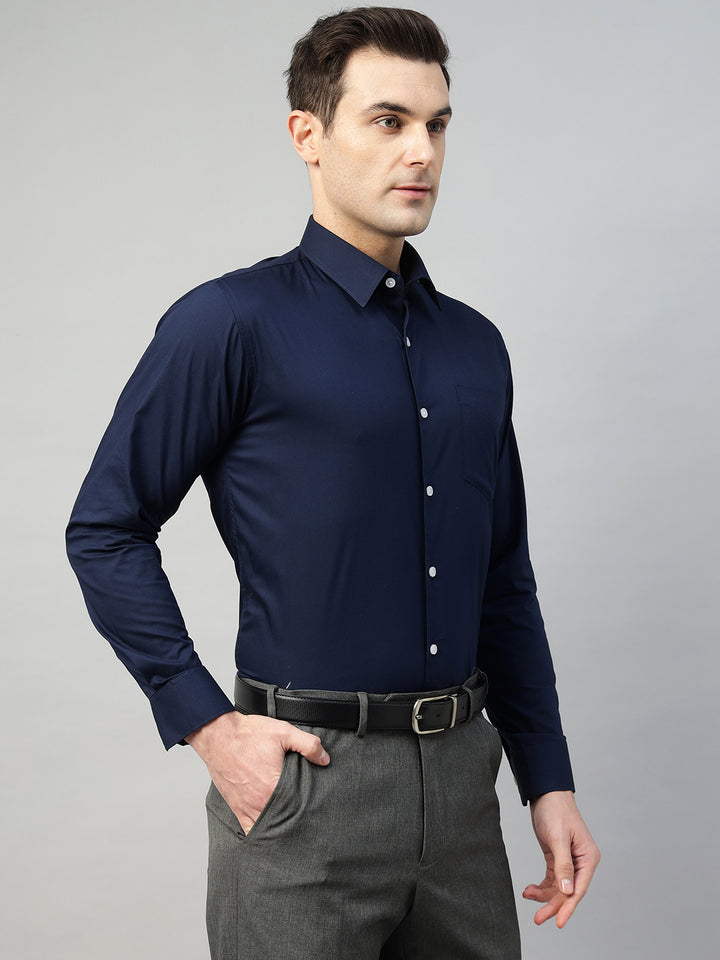 Hancock Men Navy Blue Solid Cotton Elastene Slim Fit Formal Shirt