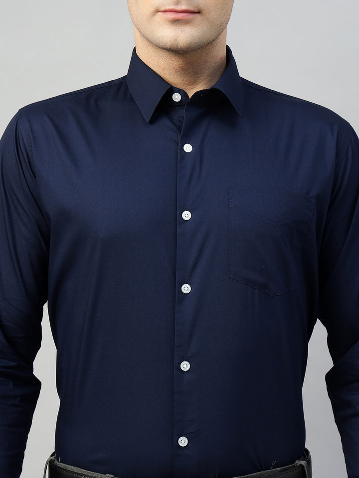 Hancock Men Navy Blue Solid Cotton Elastene Slim Fit Formal Shirt