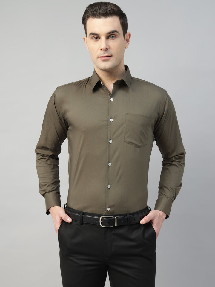 Hancock Men Olive Solid Cotton Elastene Slim Fit Formal Shirt