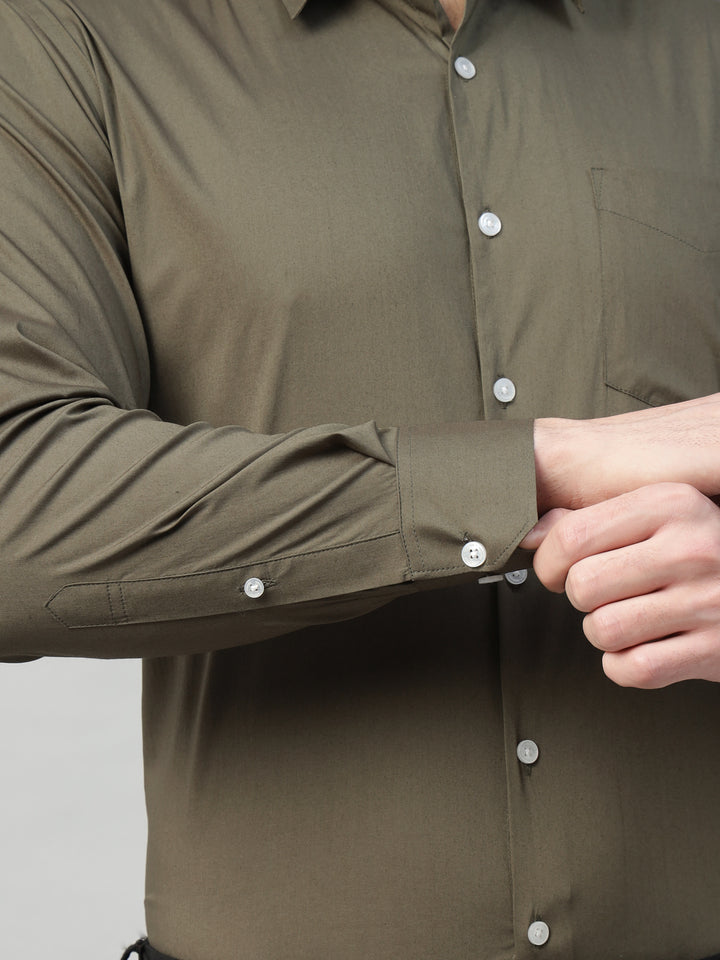 Hancock Men Olive Solid Cotton Elastene Slim Fit Formal Shirt