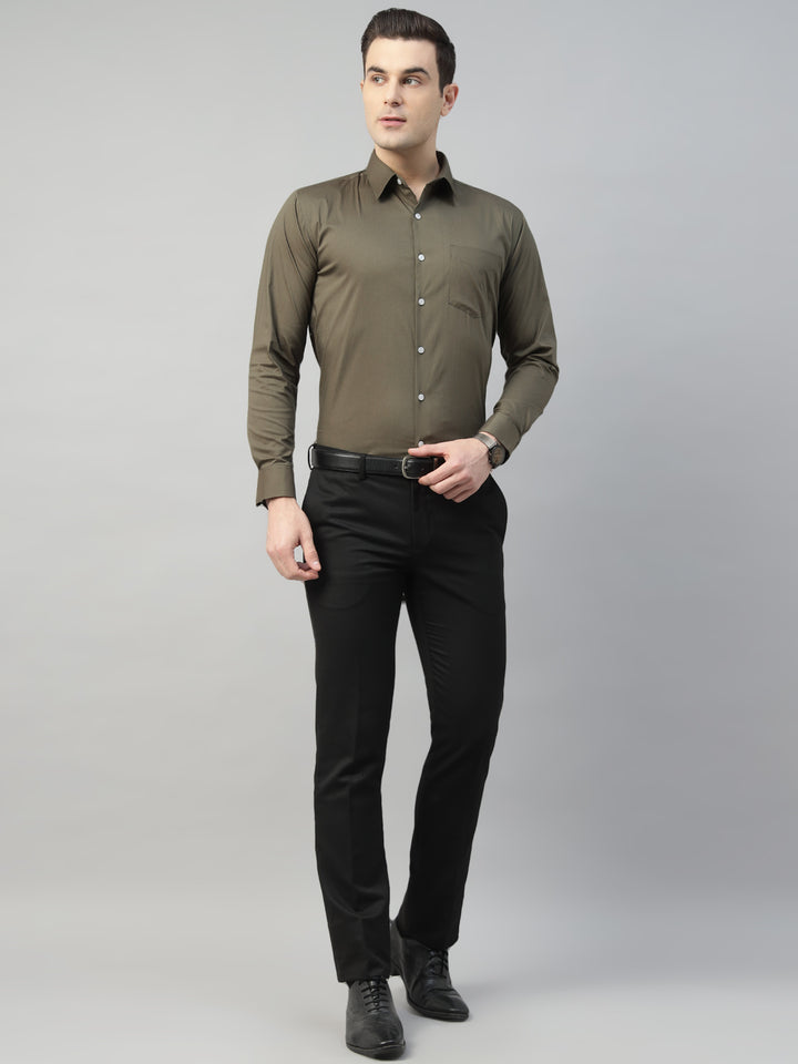 Hancock Men Olive Solid Cotton Elastene Slim Fit Formal Shirt