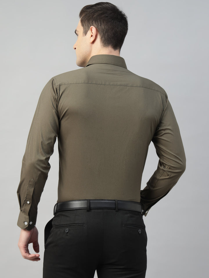 Hancock Men Olive Solid Cotton Elastene Slim Fit Formal Shirt