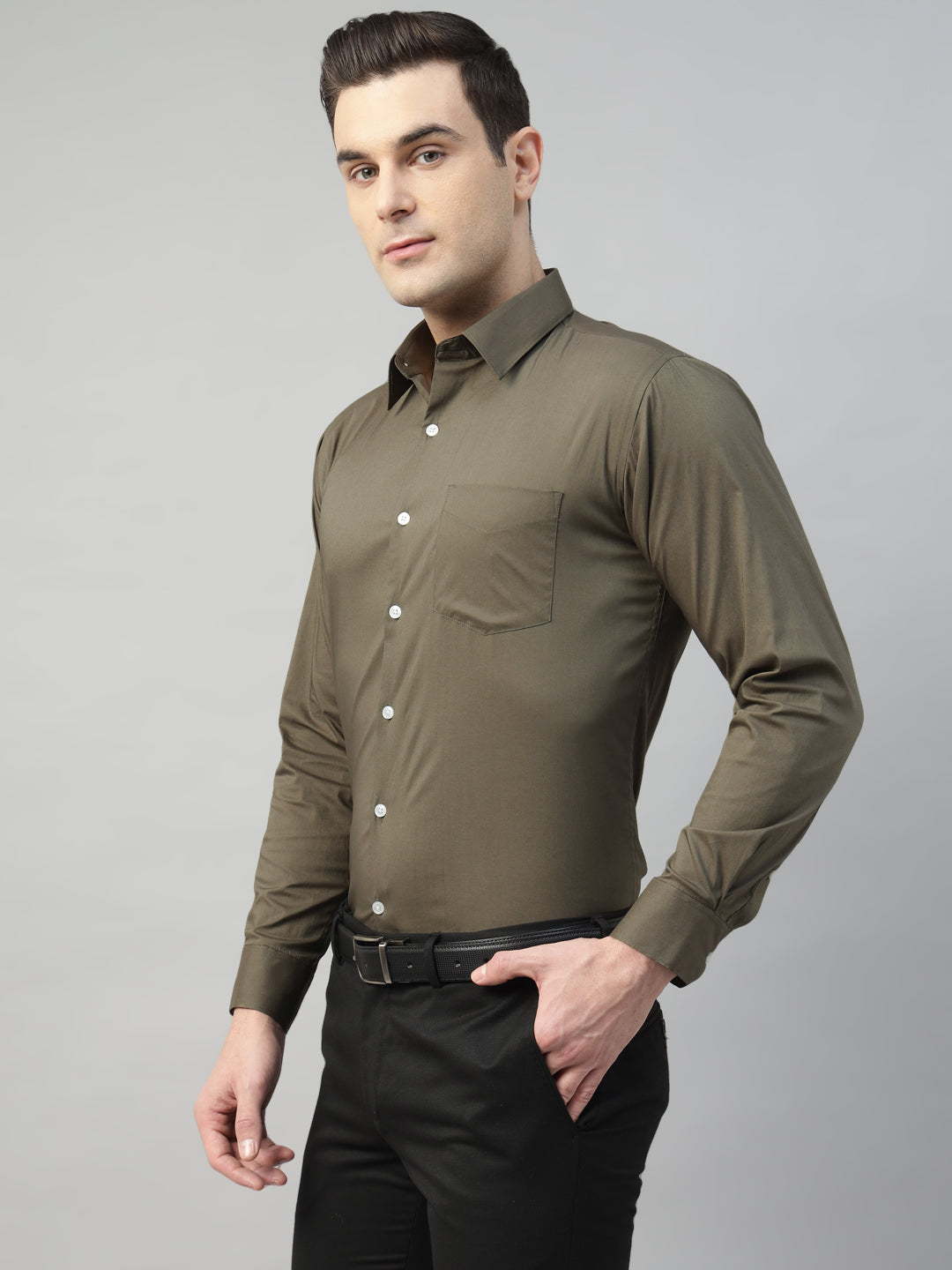 Hancock Men Olive Solid Cotton Elastene Slim Fit Formal Shirt