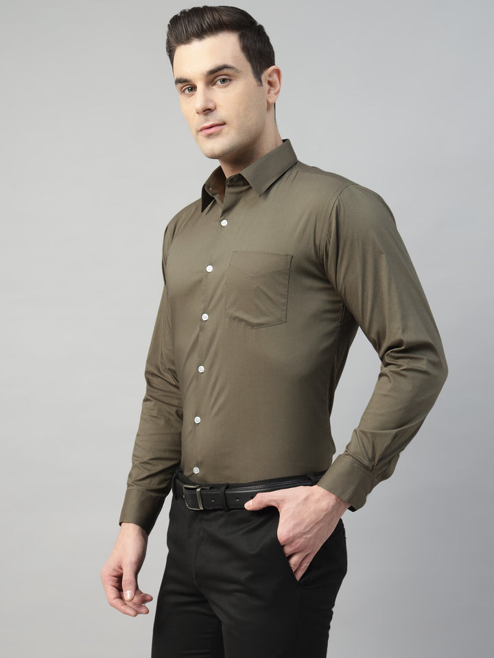 Hancock Men Olive Solid Cotton Elastene Slim Fit Formal Shirt