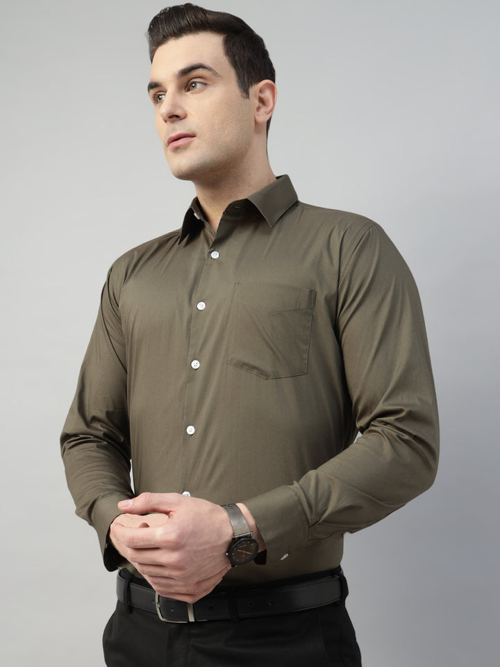Hancock Men Olive Solid Cotton Elastene Slim Fit Formal Shirt