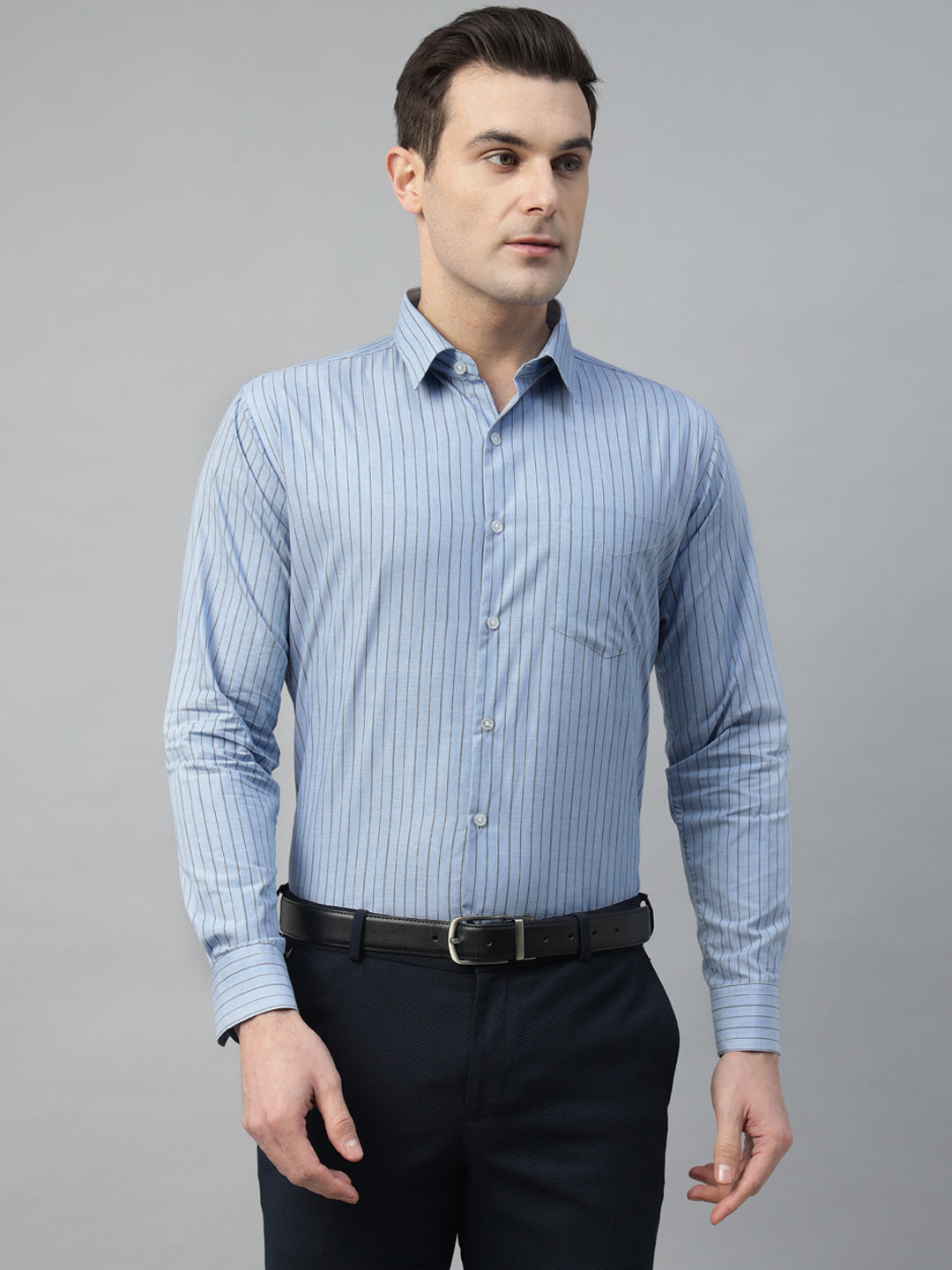 Hancock Men Blue Stripe Pure Cotton Slim Fit Formal Shirt
