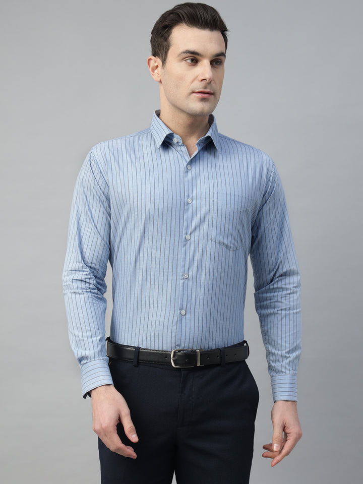 Hancock Men Blue Stripe Pure Cotton Slim Fit Formal Shirt