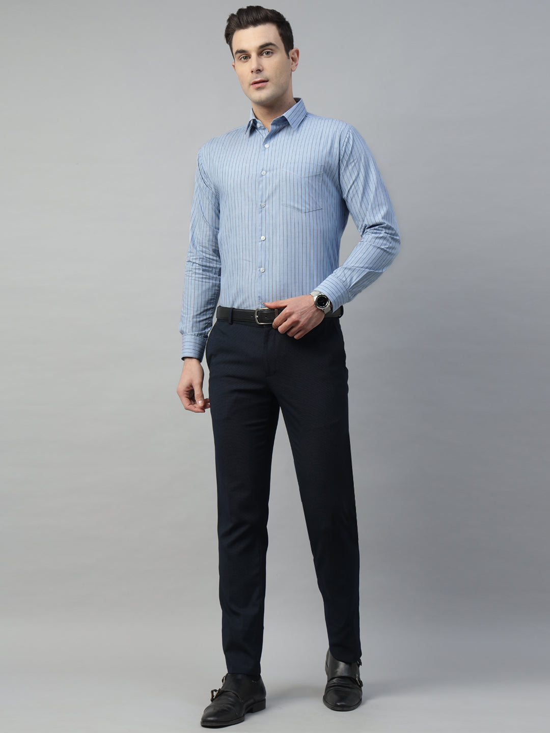 Hancock Men Blue Stripe Pure Cotton Slim Fit Formal Shirt