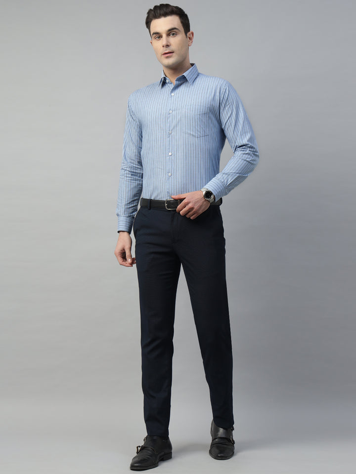 Hancock Men Blue Stripe Pure Cotton Slim Fit Formal Shirt