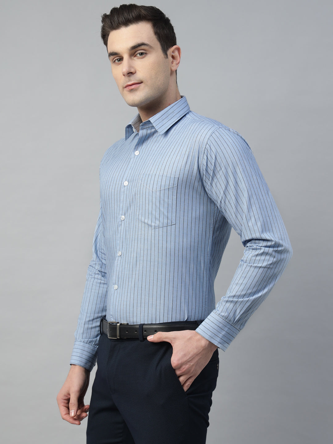Hancock Men Blue Stripe Pure Cotton Slim Fit Formal Shirt