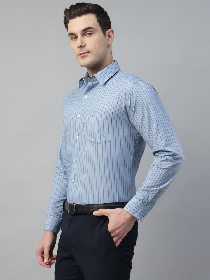 Hancock Men Blue Stripe Pure Cotton Slim Fit Formal Shirt
