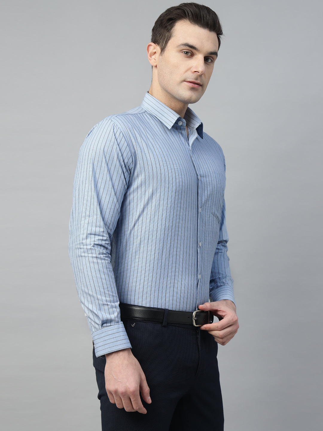 Hancock Men Blue Stripe Pure Cotton Slim Fit Formal Shirt